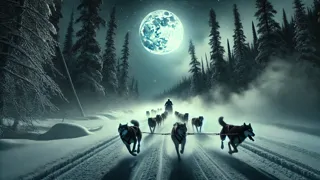 Una hilera de perros de trineo liderados por Buck, galopando bajo la pálida luz de la luna a través de un paisaje congelado.