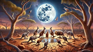 Un consejo de animales del interior del país conspirando junto a un charco seco a la luz de la luna.