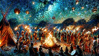 Un fuego crepitarte bajo un cielo estrellado mientras los miembros de la tribu celebran alrededor de la hoguera.