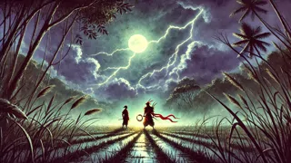 Mayari and the Tikbalang make a pact at the edge of the forest under stormy moonlight.