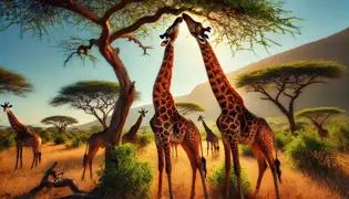 Ndemi, la jirafa, estira su cuello para alcanzar las hojas más bajas de un árbol de acacia, mientras otras jirafas lo observan con curiosidad.