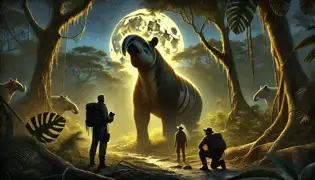 El legendario Tapir Dorado brilla bajo la luz de la luna en un claro de la jungla, sus ojos ancestrales fijos en los exploradores atónitos.