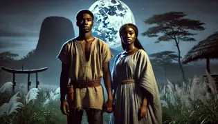 Bajo la luz de la luna, Adanne y Obinna están juntos, de la mano, en un bosque, mientras Aso Rock se alza imponente detrás de ellos.