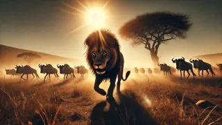 León acechando bajo un cielo iluminado por la luna, mientras la presa se acurruca en sombras lejanas.