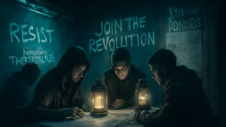 Una reunión clandestina de ciudadanos alrededor de linternas parpadeantes, planeando alterar los protocolos de control poblacional.