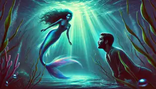 Santiago nada bajo el agua, observando a Marina, la sirena, mientras ella flota en las profundidades del océano con una cola iridiscente que brilla.