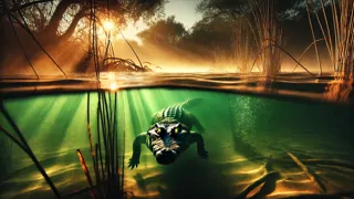 Un astuto cocodrilo deslizándose silenciosamente por las aguas verdes del río, con la vista fija en el mono desprevenido que yace arriba.