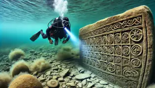 Un buceador bajo el agua del lago Issyk-Kul descubre una pared de piedra con símbolos antiguos iluminados por una linterna.