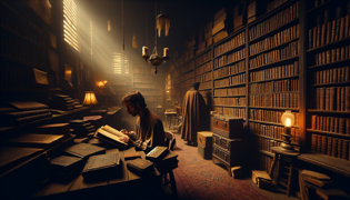 Un hombre solemnemente concentrado estudiando viejos manuscritos en una biblioteca con poca luz, llena de libros antiguos.