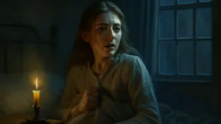 Niña aterrorizada en camisón del siglo XIX retrocediendo ante una presencia invisible en una habitación iluminada por velas.
