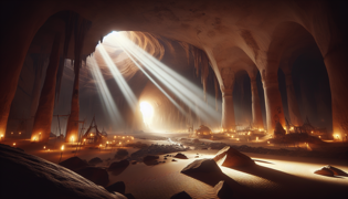 Colossal subterranean silhouettes emerging in a vast cavern illuminated by a natural light beam.
