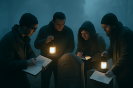Investigadores inspeccionando lápidas bajo la luz de linterna en un cementerio brumoso