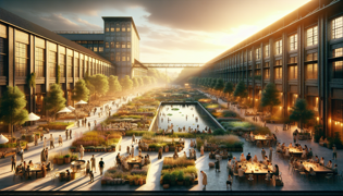 A transformed industrial estate turned into a vibrant urban oasis with greenery and community activities.