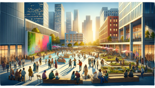 Crowds gathering in a newly designed urban plaza with interactive art and community gardens.