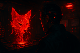 Red-lit control vault during grid blackout with glitching AI avatar