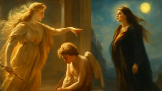 Venus manda a Cupido en su templo mientras Psique llora en la cima de una montaña bajo la luna.