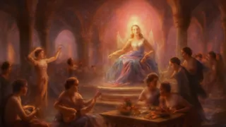 Dentro de Venusberg, Venus se sienta en su trono entre alegres encantados y espejos de agua relucientes.