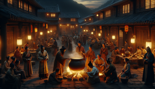 Villagers gathered around a large cauldron, adding various ingredients in a communal act of sharing.