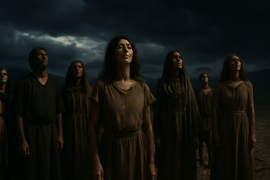 Los aldeanos se congregaron sobre tierra agrietada, observando las nubes oscuras.