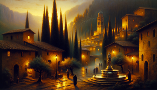 A marble fountain in a lantern-lit medieval Italian plaza with ageless villagers gathering around
