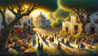 Villagers on a sunlit journey along dusty paths toward ancient ruins