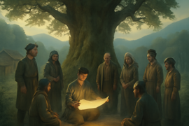 Los aldeanos se reunieron bajo un árbol de alcanfor, escuchando a un erudito recitar un pergamino lleno de elogios.