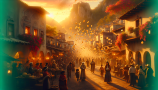 Villagers staring at the sky as tortillas gently fall