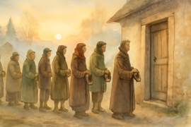 Una fila de aldeanos esperando fuera de la zapatería al amanecer.