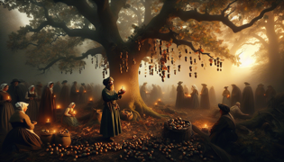 Villagers in thoughtful silence around an ancient oak at dusk as a hermit lifts a skull‑like fragment of an acorn.