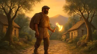 El leñador regresa a su aldea con el hacha de oro justo al atardecer.