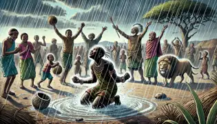 Los aldeanos celebran bajo la lluvia, bailando con alegría mientras Kalala se arrodilla, agotado, después de haber cumplido su destino como el Hacedor de Lluvia.