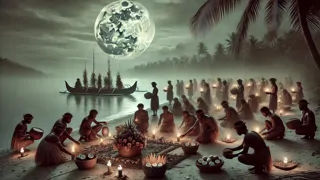 aldeanos ofreciendo pétalos e incienso en la orilla de la laguna bajo la luna llena
