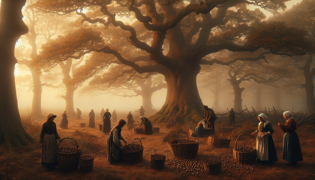 Villagers in period dress gathering acorns under a sprawling oak in misty dawn light, baskets swinging at their sides.