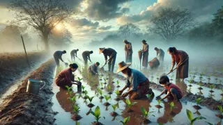 Aldeanos plantando semillas a orillas del río tras retroceder la inundación.