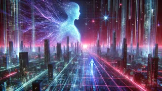 Una forma translúcida de inteligencia artificial emergiendo en un mundo virtual de neón, rodeando a un hacker solitario.