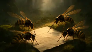 Avispas en pequeñas bolsas de cuero cartografiando el terreno del bosque en pergamino