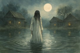 A ghostly woman in white standing at a misty resaca bank under a full moon