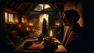 Un frère plein de tristesse, debout seul dans un cottage faiblement éclairé, tandis qu'une femme contemple un portrait fané.