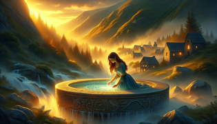 La princesa Elowen se arrodilla junto a una piscina brillante ubicada en las ruinas de unas montañas envueltas en niebla.