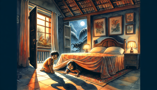 Dos niños se asoman por debajo de la cama en una habitación oscura mientras sombras giran a su alrededor.