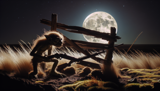 Un goblin de pata invertida se agachó cerca de una cerca por la noche, iluminado por la luz de la luna en medio de la hierba pampas azotada por el viento.