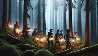 Un grupo de exploradores del siglo XIX siguiendo huellas pálidas bajo un dosel de bosque brumoso y a la luz de la luna.