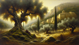 An ancient olive grove with gnarled trees and silvery leaves whispering in a soft breeze