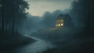 El valle del río Rojo envuelto en la neblina de la madrugada, bosques antiguos y una solitaria granja.