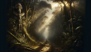 Una densa selva amazónica con totems de hueso y plumas colgados débilmente de las enredaderas, haces de luz atravesando el dosel.