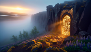 Puerta dorada que brilla en una grieta de basalto al amanecer