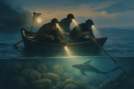 Pescadores observando hacia las oscuras cavernas submarinas bajo las olas iluminadas por la luna