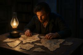 Fragmentos de pergamino antiguo y piezas de mapas descoloridos esparcidos sobre una mesa de madera.