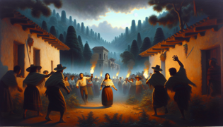 Una procesión de La Tatwana congregada por campesinos que llevan antorchas atraviesa un patio cubierto de rocío al amanecer, bajo picos de tierras altas envueltos en niebla.