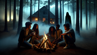 Un grupo de adolescentes acampando junto a una hoguera parpadeante en un denso bosque al anochecer.